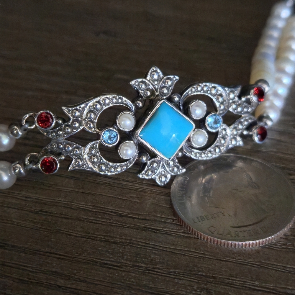 Nicky Butler 925 Sterling Silver Turquoise Pearl Garnet Topaz Designer Bracelet - Picture 2 of 16